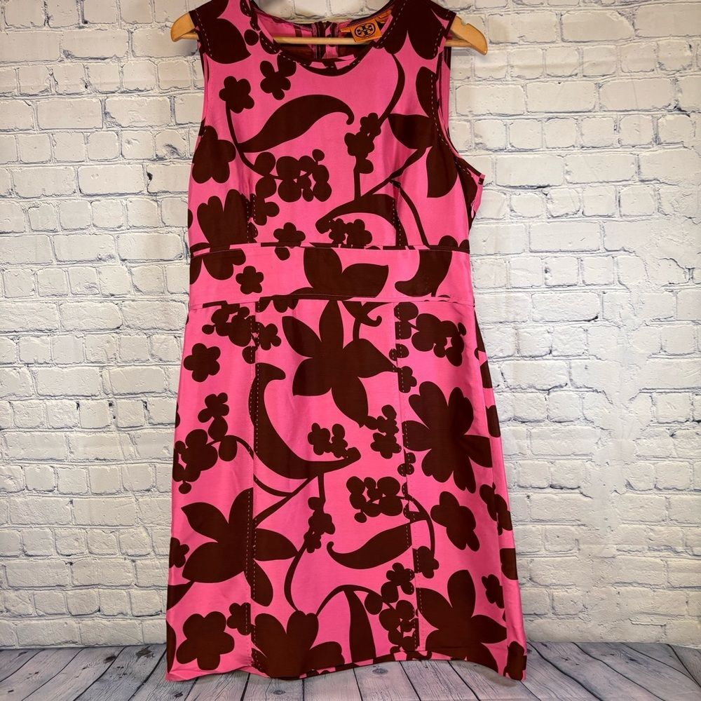 Tory Burch Brown Pink Abstract Floral Preppy Wedding Party Silk A-line Dress 12